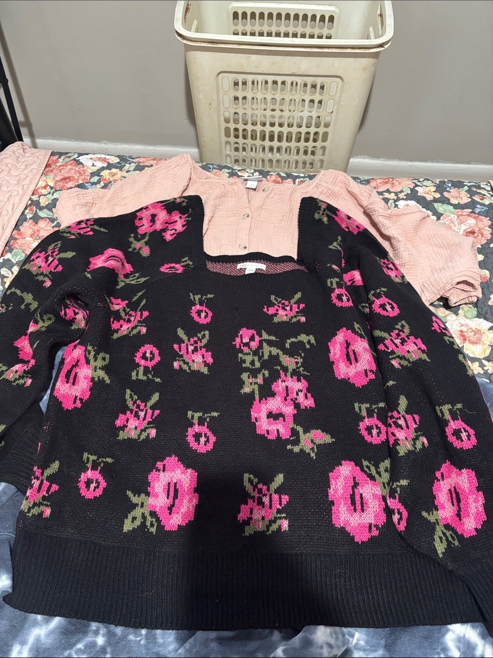 Cato Black Sweater with Bright Pink Floral Knit